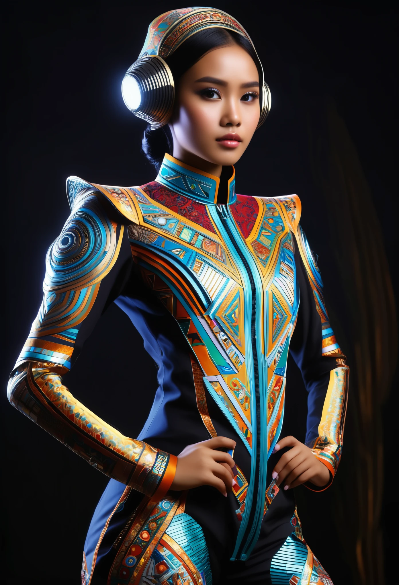 An Indonesian-styled futuristic suit worn by a girl depicting cultural fusion and modern fashion. The suit is adorned with intricate patterns and vibrant colors, showcasing the rich heritage of Indonesia. The girl stands confidently in a dynamic pose, with her detailed eyes reflecting determination and curiosity. The suit's material is a combination of traditional textiles and futuristic synthetic fabrics, giving it a unique and avant-garde appearance. The overall image quality is of the highest standard, with sharp focus and ultra-detailed rendering. The artwork employs physically-based rendering techniques, resulting in realistic lighting and shadows. The colors are vivid and vibrant, capturing the essence of Indonesian cultural aesthetics. The background features a fusion of modern architecture and traditional elements, creating a harmonious blend of the past and the future. The prompt explores the intersection of Indonesian culture, futuristic design, and the artistic representation of a confident girl