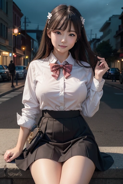 A woman with a purse is on the street, Petting a white cat, Ulzzang, (8k, RAW Photos, highest quality, masterpiece: 1.2), (Realistic, photo-Realistic: 1.37), Very detailed, 1 girl, cute, alone, Big Breasts,Beautifully detailed skies, Detailed Coffee, night, Sitting, Date, (My nose turned red), (smile: 1.1), (Mouth closed), Medium chest, Beautiful fine details, (Collared shirt: 1.1), bow tie, Pleated skirt,