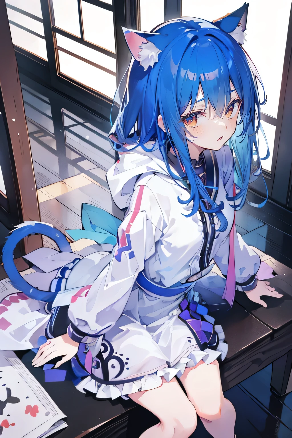 （masterpiece：1.2），Super detailed，lifelike，Expressive eyes，fair skin，perfect face shape，1 girl，
Japanese comics,Gorgeous blue hair,flowing blue hair,flowing clothes,Cat ears,Petals fall,beautiful lola,Baby Angel,sunrise,
Shaking head with one hand，Cross your legs，Gentle and peaceful background，The pavilion is cool and comfortable,smile, wearing hoodie, background of tokyo,back views,snowing, winter.