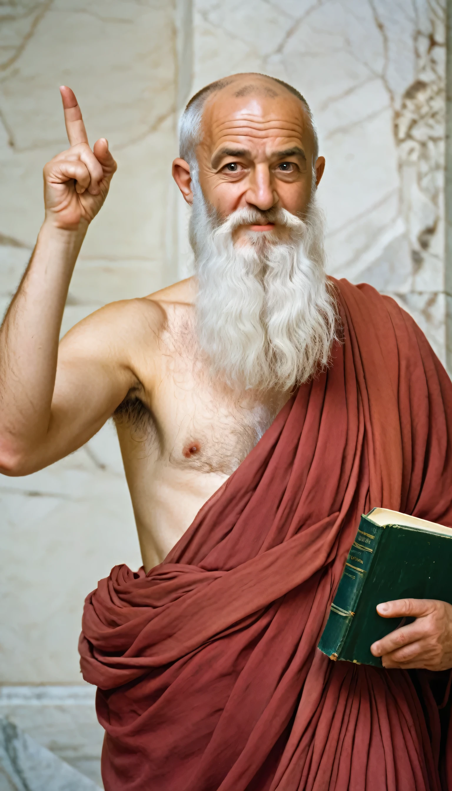 Ancient Greece, Greek philosopher Plato, long white beard, beard, facial_hair, old man, male_focus, front head bald, long white hair on the side, holding book with left arm, pointing finger up with right hand, the School of Athens by Raphael