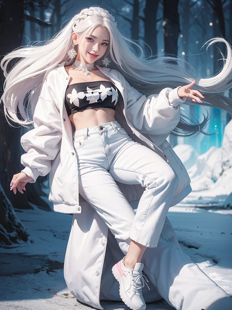 1. Beautiful woman, sweet smile, white hair, black eyes, White skin, Pink mouth, Wear snowflake earrings, Black long-sleeved coat, floating waist, White sweatshirt, jeans, Blue sneakers.