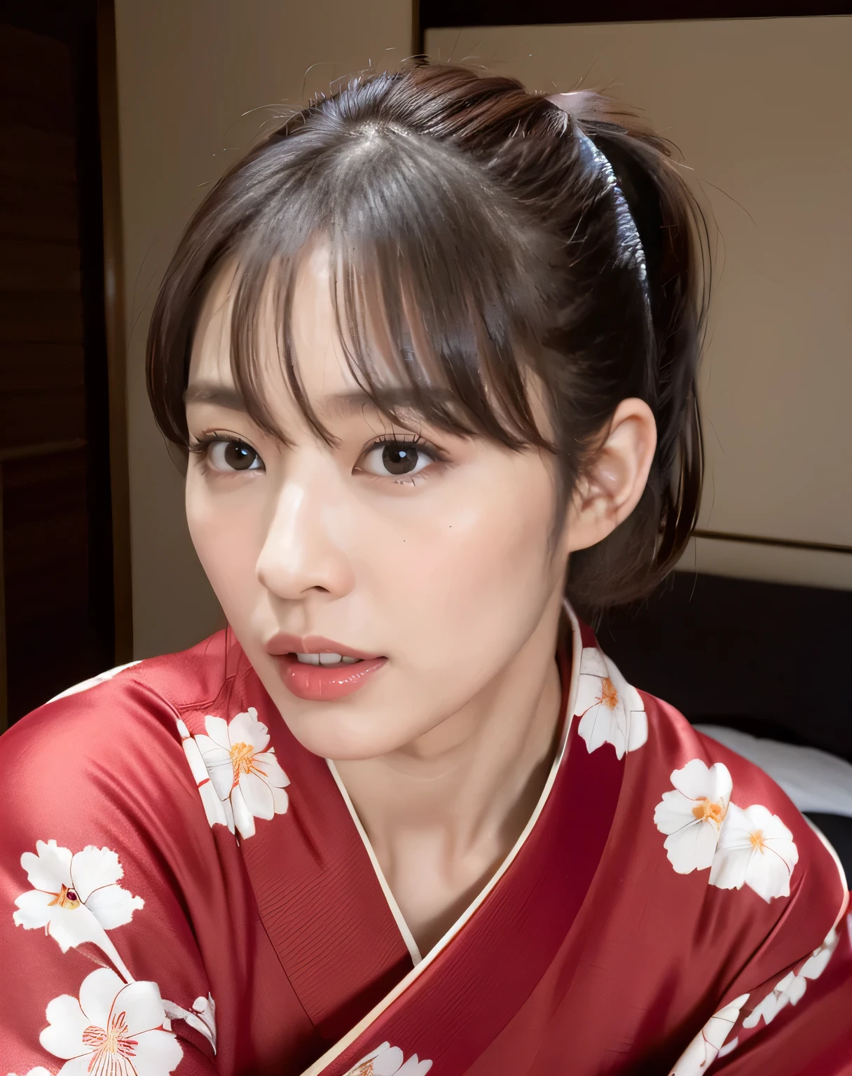 (Flower pattern kimono, Complex red:1.4),
((highest quality, 8k, masterpiece: 1.3)), Perfect body beauty: 1.4, (Breast A cup:1.2), Small breasts, Round shaped breasts, Perfectly shaped breasts, Highly detailed face, Beautiful woman, (Dark brown shortcuts), Slim face, Highly detailed face and skin texture, Highly detailed lips, (Realistic:1.4),

((24-years-old, Sexy young wife:1.2)),

((Lay a red futon in a Japanese-style room, Sit on the futon with your legs stretched out, Start taking off clothes, Beautiful thighs:1.2)),((Sexy atmosphere, Gaze seducing a man, hold out your lips, A sigh escapes, Hold your crotch with your hands)),

((Dark room, Lantern:1.2)), 
((Squint your eyes)), 
((purse your lips:1.2)),
((Blushing:1.2)),
((Open your mouth a little to show your white teeth)), 
((Breast enlargement,Flat Chest:1.2)),

Narrow shoulders, Long, slender legs, Thin waist, 
Ultra-detailed skin, Glossy Skin, Ultra detailed face, Ultra detailed breasts, 
Ultra-detailed eyes, Slit eyes, Brown eyes, double eyelid, Beautiful thin eyebrows, Thin, long eyelashes, 
Ultra-detailed lips, Fuller lips, Glossy pink lips, Flushed Cheeks, White teeth, 
Beautiful actress&#39;s languid make-up, Pink lipstick, Smoky eyeshadow, Eye foundation, 
Dark brown hair, Delicate and soft hair, Hair blowing in the wind, 
(Elegantly putting your hair up, short hair, ponytail:1.5), Layered Cut, (Blunt bangs:1.2),
