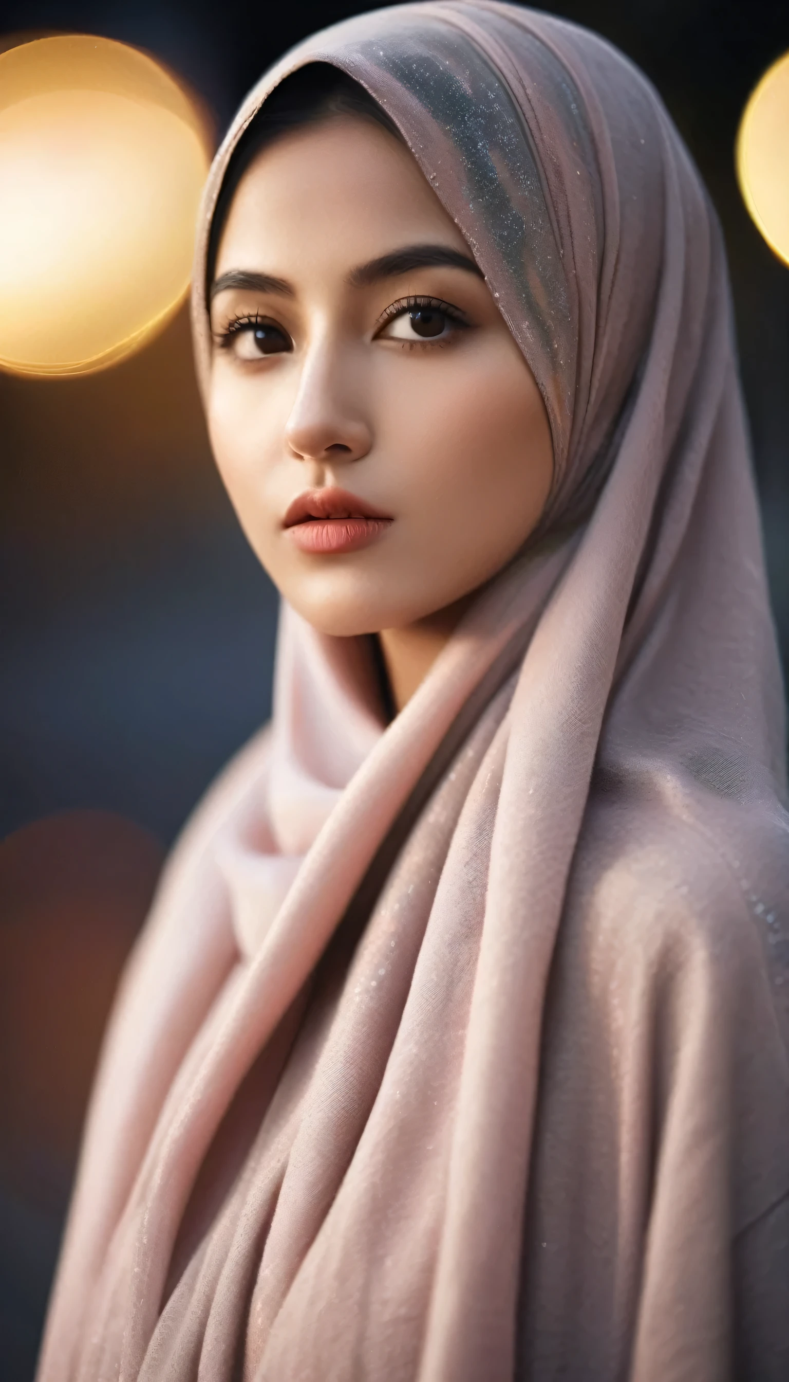 hyper realistic photograph of a hijab beautiful girl ,closeup shot dreamy mood, reflection bokeh, lighting on girl's face, i can't believe how beautiful this is, 8k, 