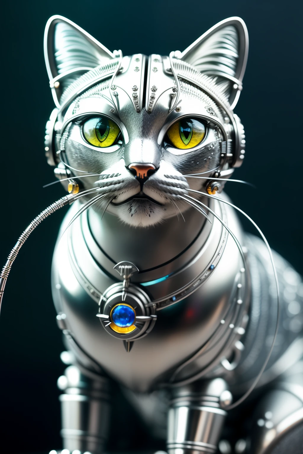 A captivating metal cat sculpture, (cyborg: 1.1), (detailed intricate wires: 1.3), exquisitely crafted, HDR, enchanting details, cinematic shot, focused vignette, centered on a matte background. A mesmerizing work of art, best quality, close-up reveal, this metal feline boasts sapphire eyes and a softly textured, polished exterior - a true masterpiece.