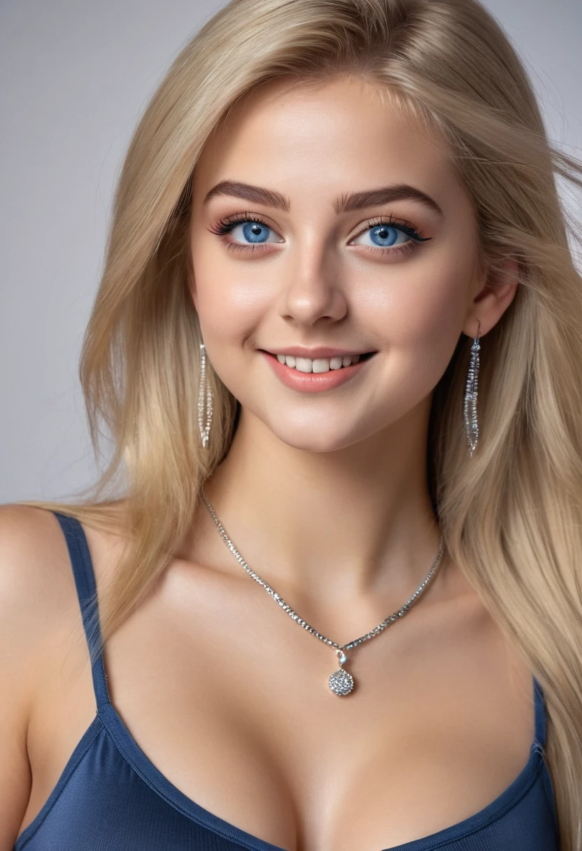 hyperrealistic beautiful busty 18-year-old women in tight shiny croptop and leggins shorts, model shooting full body photography, view from behind, natural blonde very long straight hair, dark eye makeup with eyeliner, seductive smile, small necklace and earrings, 8K, best quality, Meisterwerk, ultra high resolution, (Realismus: 1.4), Originalfoto, (realistische Hautstruktur: 1.3), (Filmkorn: 1.3), (Selfie-Winkel), 1 girl, Beautiful round blue eyes and facial details, Meisterwerk, best quality