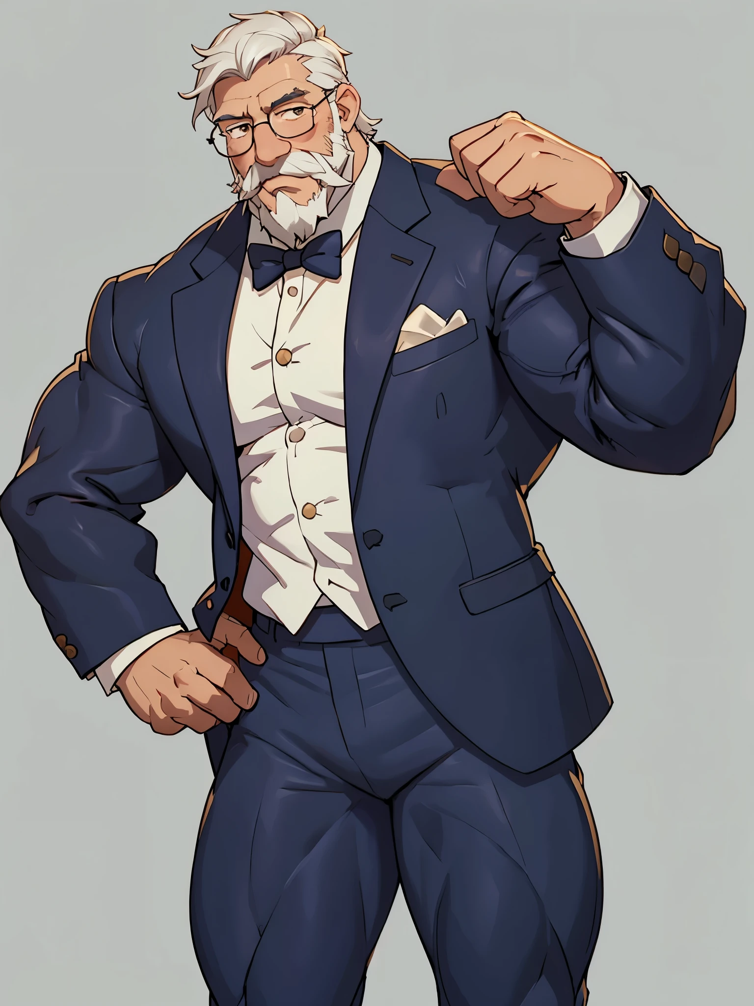 solo, 1boy, Huge Muscular Old man wearing suits and glasses, short white hair, bearded, mustache, office background, halfbody, looking to viewer, masterpiece, high detailed, 8k, high resolution