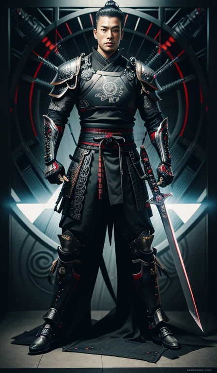 araffe dressed in a black suit holding a sword and a sword, cyborg samurai, cyber japan samurai armor, cyberpunk samurai, very beautiful cyberpunk samurai, full samurai armor spiderman, bio - mechanical ninja samurai, portrait of a cyberpunk samurai, cyber japan style armor, cyber japan armor, celtic and cyberpunk armor, black bull samurai, intricate assasin mecha armor