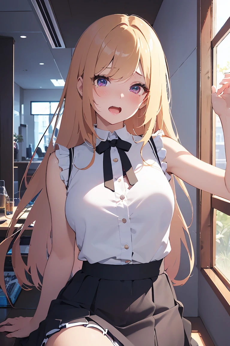masterpiece, absurdres, best quality, ultra detailed, high Resolution, detailed illustration, bright colour, (extremely beautiful detailed face and eyes, Delicate beautiful face, 1 girl, cute face:1.3), (magenta eyes:1.1), sparkling eyes, big eyes, medium breasts, (perky breasts:1.1), (pointy breasts:1.1), medium hips, glamorous body, white skin, BREAK, long bob cut, (blonde hair:0.8), messy hair, detailed hair, shiny hair, BREAK (buggy Sleeveless, middle fluffy skirt, down blouse:1.5), perfect lighting, (embarrassed:1.5), (ecstasy, vulgarity:1.5), (trembling:0.8),