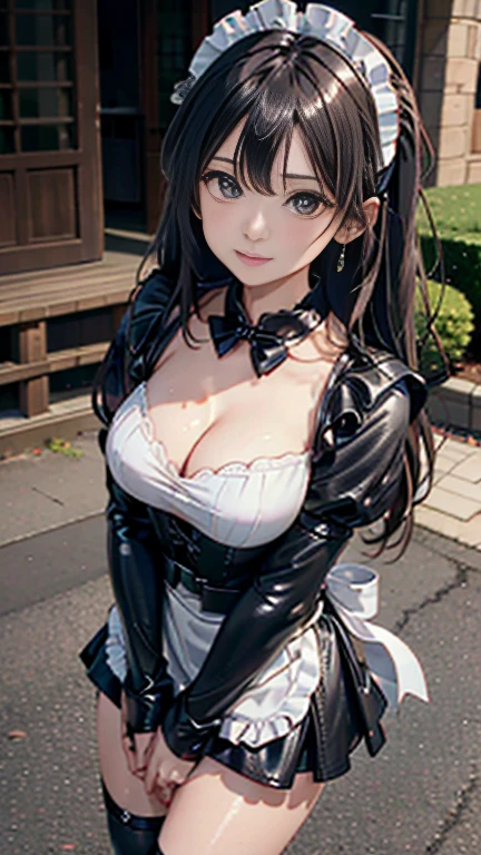 ((highest quality)), ((masterpiece)), (Very detailed), (Very high resolution), 4k, Anime 2D Rendering, Realistic, detailed manga style, Manga art style, 
One Girl:1.5, 
BREAK Symmetrical Face:1.4, Perfect Face, Beautiful clavicle, Beautiful fingers, Beautiful breasts, (Slightly smaller chest), 
Beautiful body, Beautiful thighs, Beautiful feet, Perfect round butt, (Detailed skin), Beautiful white skin:1.2, Shiny skin:1.4, 
BREAK , cute, 18-year-old, 
Double eyelids, Natural eyebrows, 
Beautiful and delicate eyes, (Sparkling blue eyes), 
Glossy mouth, 
BREAK Beautiful Hair, Shiny Hair, Hair fluttering, (Blonde), Twin tail hair:1.4, 
BREAK 

(Shiny black leather maid outfit:1.5)、Black Garta Belt:1.2、Shiny black knee-high stockings:1.2、Earrings、
BREAK 

(Embarrassed expression、Laughing expression), Turn your face and body towards me, whole body:1.2

