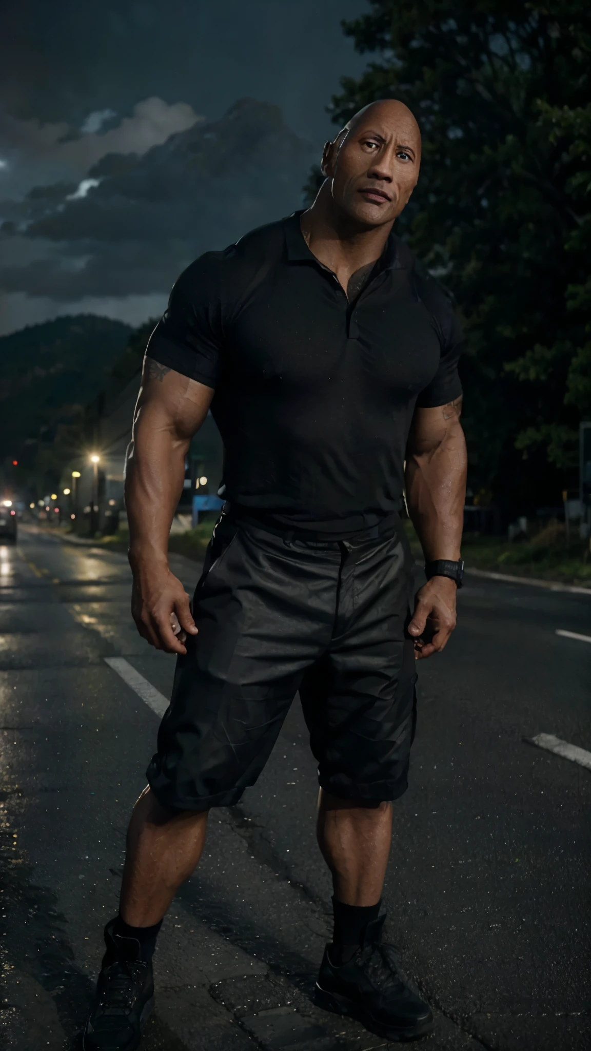Dwayne Johnson, Standing next to the road, perfect face, ultra HD, realistic.