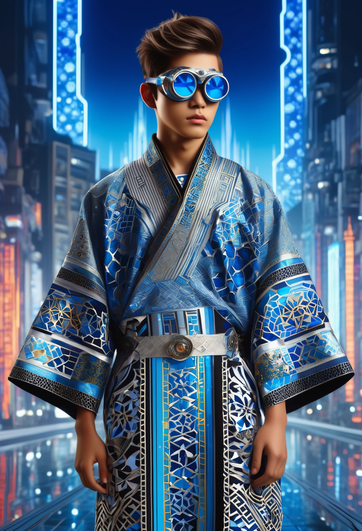 (high quality), (masterpiece), (detailed), 8K, Hyper-realistic illustration depicts (Japanese boy1.3) adorned in (intricately embroidered kaftan1.2) with (vibrant Moroccan tile patterns1.2) and (Tunisian-inspired silver accents1.2), blending traditional and futuristic elements. His (short spiky hair1.2) is styled with (neon blue streaks1.2), and he wears (futuristic goggles1.2) with (holographic displays1.2) on the lenses. In the background, a (futuristic cityscape1.2) with (neon-lit skyscrapers1.2) and (hovering drones1.2) creates a sense of (modern fusion1.2). In the style of Ash Thorp, trending on DeviantArt.