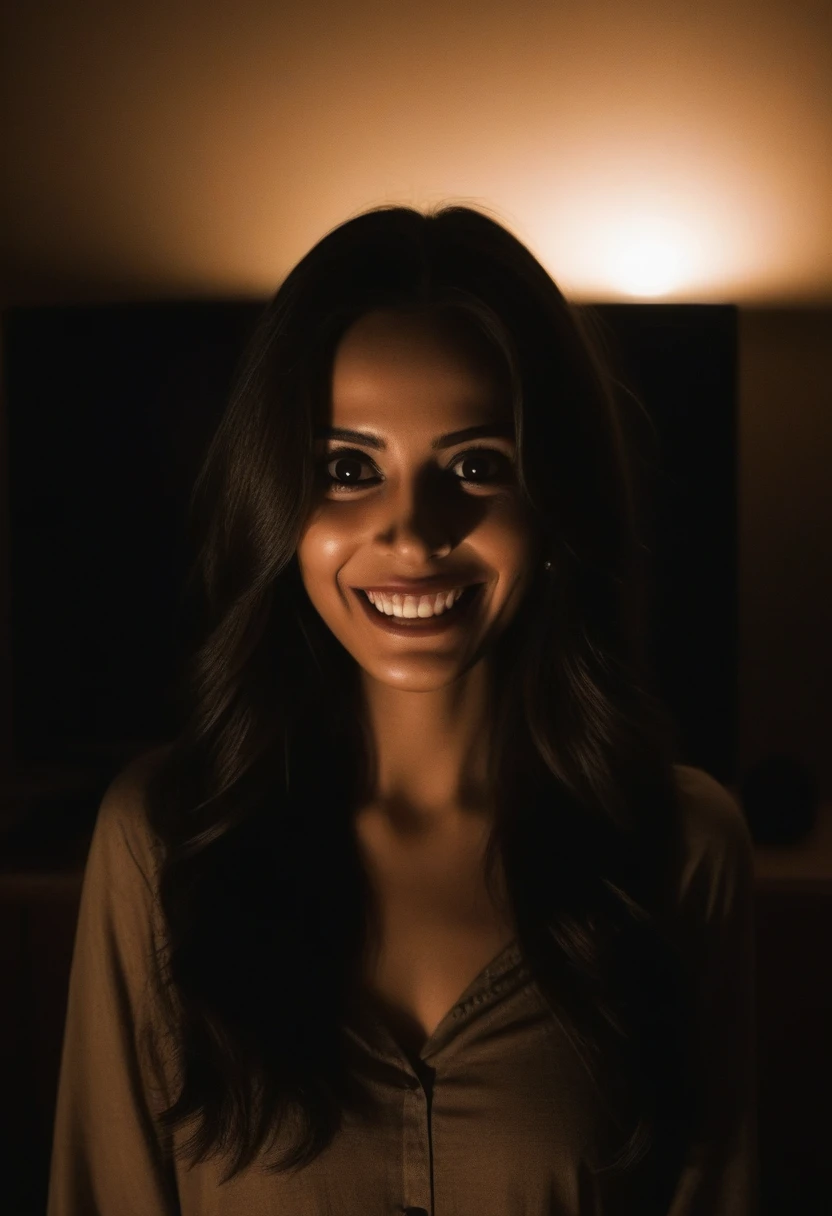 Night room, dark room, completely darkened room, tv on, sepia, grainy, eerie environment. creepypasta is a scary entity in the form of a woman with very large eyes and a frightening smile.