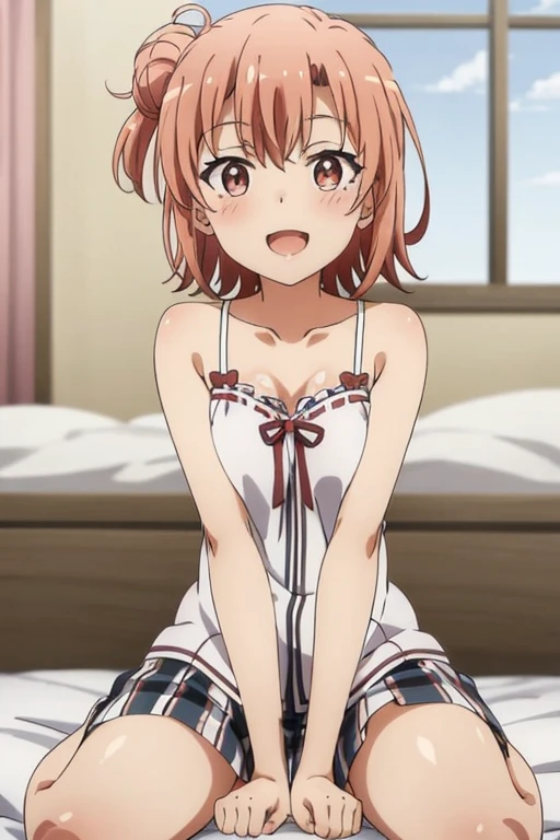 ((highest quality)), ((masterpiece)), (be familiar with), Perfect Face, indoor, Bedroom, Watching the audience,
One woman, Yuigahama Yui,
Open Mouth, Ecstatic expression, blush, smile,
Small breasts, Flat Chest, Young Girl, , , Girl,
Short Hair, Salmon-colored hair, Salmon-colored eyes, Side Pony,
Leg spread,