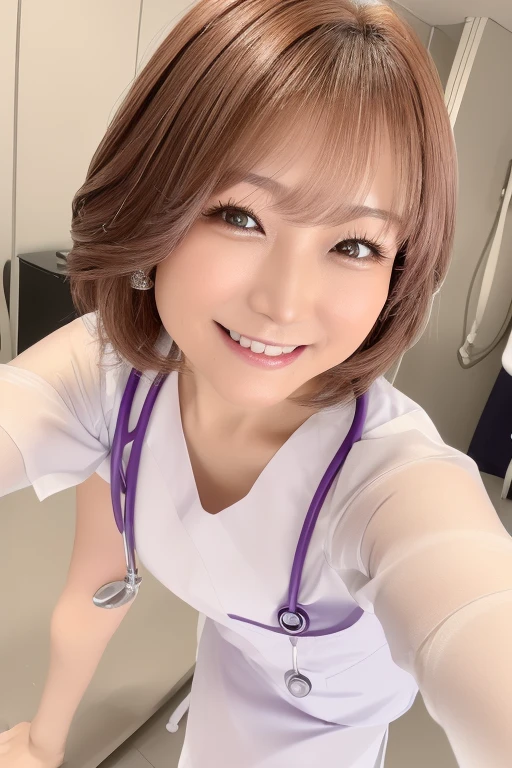 (１woman)、(Japanese、45years old、Refreshing、clear、seems kind、stylish、(narrow eyes)、Pitiful、cute like an angel、cute、black eyes、,actress,Slit eyes), Good style , (Beautiful big breasts:1.0),(soft breasts),(very cute),(brown hair),,( long hair、Straight Hair,one-length）,(enchanting eyes),(highlight on eyes:1.2)、(8K、Live shooting、highest quality、masterpiece:1.2、optimal lighting)、((masterpiece)),(Photo taken by a professional photographer),(real、photo real:1.4),break,{ (white nurse costume),(((taraditional nurse uniform))),(white nurse mini skirt),(( pantyhose)),(cleavage:0.7)},(Smile1.0),(cheeks are red:1.2)、Face close-up:1.3,Looking at viewer, break, break,Hospital room,Hospital bed,