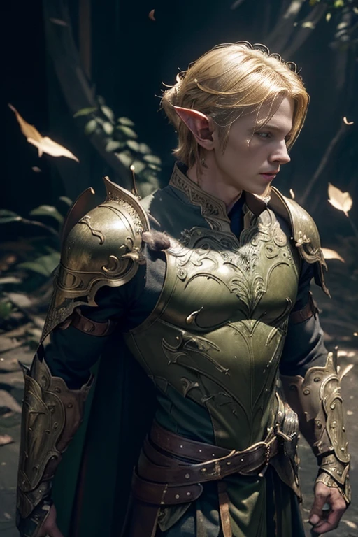 (master piece:1.5), (best quality:1.5), (exquisite lighting and shadow, highly dramatic picture, cinematic lens effect) (Photorealistic picture) highly detailed, realistic, cinematic lighting, studio quality, 8k, wallpaper, dynamic pose, anatomy correct, epic fantasy digital art, Epic composition, full body yellow hair pale Male elf swordsman wearing a brown leather armor, green intricate elaborated plate chest with leaf accents small shoulder green armor with leaf ornaments, brown leather gauntlets, no helmet, long brown cape, white castle at the distance