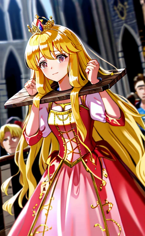 Gold Tiara A princess in a frilly pink dress Beautiful long blonde hair Embarrassing Tears overflow from my eyes pillory dirty walking in the crowd Medieval town