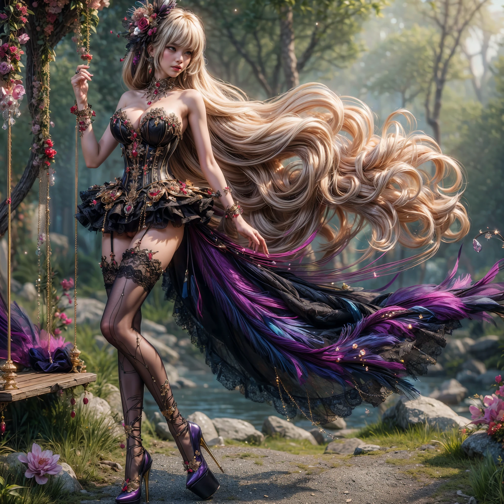 An asian woman with loose hair, standing on the stairs in the middle of a magical atmosphere, with a predominantly blue and red costume, a strapless corset-style dress decorated with bright purple jewels, a short tutu skirt, black thigh-high stockings with lace tops and ornaments purple jewels, white high heels with gold decoration, grand staircase background under mysterious sky full of stars and celestial bodies, crystal detailed, hyper realistic, hyper detail Transparent clothing, Detailed gemstones, masterpiece, best quality:1.2),,(8k,highres,RAW photo,realistic,photo-realistic:1.3),(detailed skin texture,detailed cloth texture, beautiful detailed face:1.25),professional lighting,photon mapping,beautiful soft light,radiosity,physically-based rendering,raytracing, model shoot style, model shoot style, (extremely detailed CG unity 8k wallpaper), full shot body photo of the most beautiful artwork in the world (NSFW), (Nude), (Naked), (Nipple) (pussy) (small pussy) (exposed pussy)