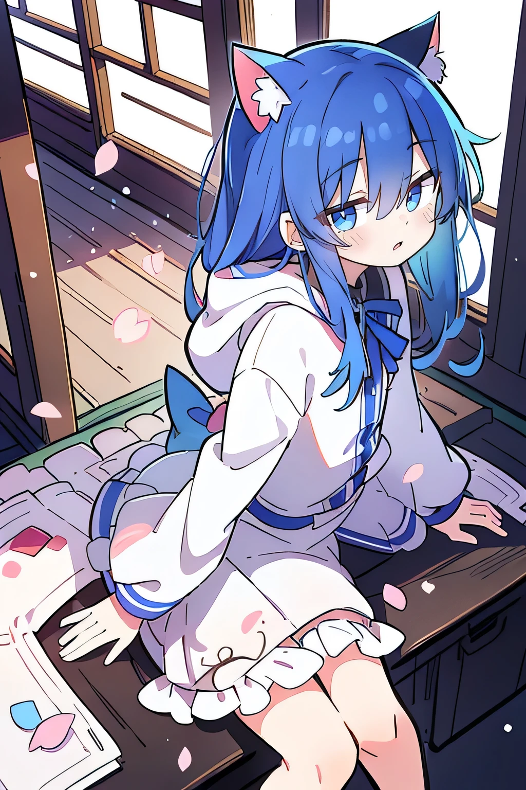(masterpiece:1.2),Super detailed,lifelike,Expressive eyes,fair skin,perfect face shape,1 girl,
Japanese comics,Gorgeous blue hair,flowing blue hair,flowing clothes,Cat ears,Petals fall,beautiful lola,Baby Angel,sunrise,
Shaking head with one hand,Cross your legs,Gentle and peaceful background,The pavilion is cool and comfortable,smile, wearing hoodie, background of tokyo,back views,snowing, winter.