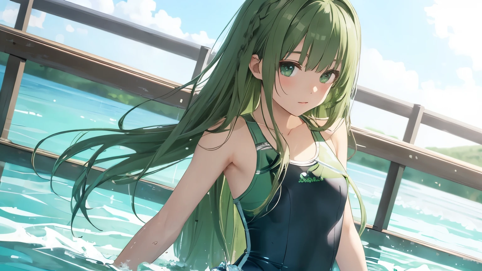 (masterpiece, best quality, ultra-detailed, best shadow, volumetric lighting), (beautiful detailed face, beautiful detailed eyes), (best illumination),
c.c., code geass,
green hair, very long hair, wavy hair, orange eyes, detailed eyes, medium breast, ass,
ashford academy swimsuit,
full body, intense angle,
mksks style, beautiful background, professional lightning, indoor, pool,