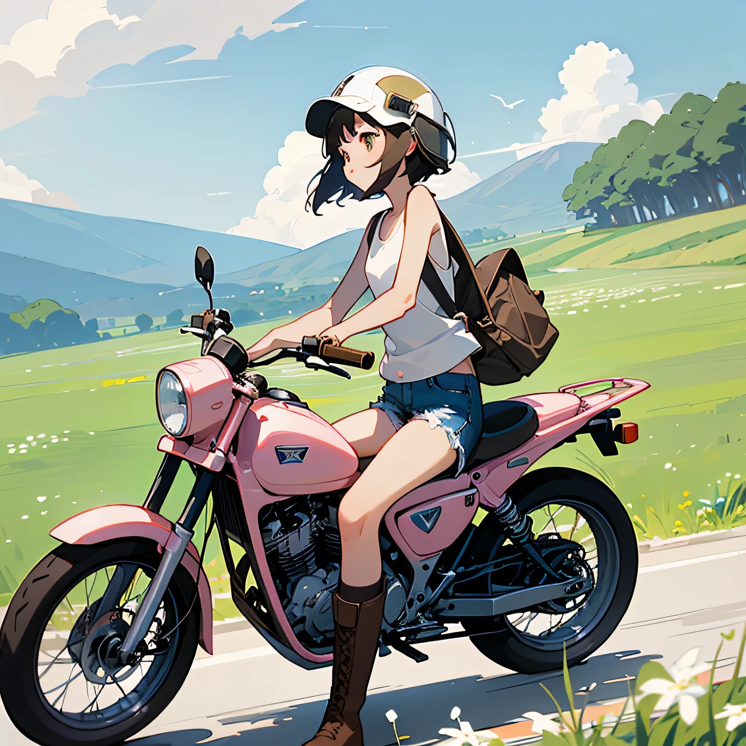 Highest quality、A girl is riding a white Super Cub、Dark brown short cut、(He is wearing a jet helmet with white and black lines running down the center of the helmet from front to back.、White tank top、Pink jacket、Denim shorts、White knee-high socks、Brown work boots:1.3)、Japanese countryside scenery、Road beside the stream、Small creek、Dirt Road、Weeds grow along the side of the road、Blue sky、White clouds floating、Early summer sky、
