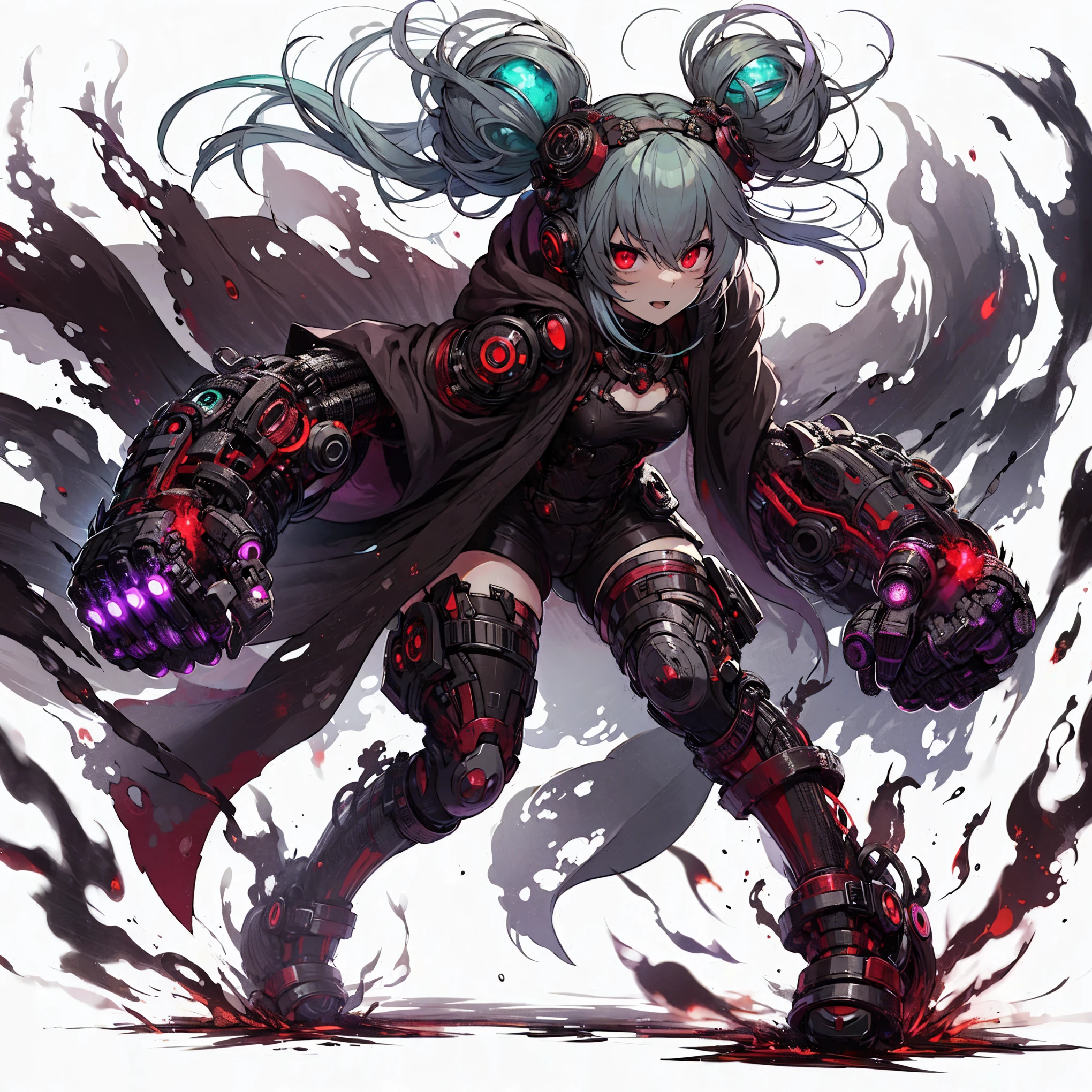 (masterpiece, Best Quality), (detailed hairs), Ultra-detailed, Anime style, Full body, cyberpunk grappler girl, burnt black mechanical limb, ((fists of black-purple flame)), Sea green two topknot hairstyle with red eyes, wearing raged cloak, skintight jumpsuits. standing in burned earth, 8k high resolution, white background, whole-body, digital painting, fighting pose, winning smile
