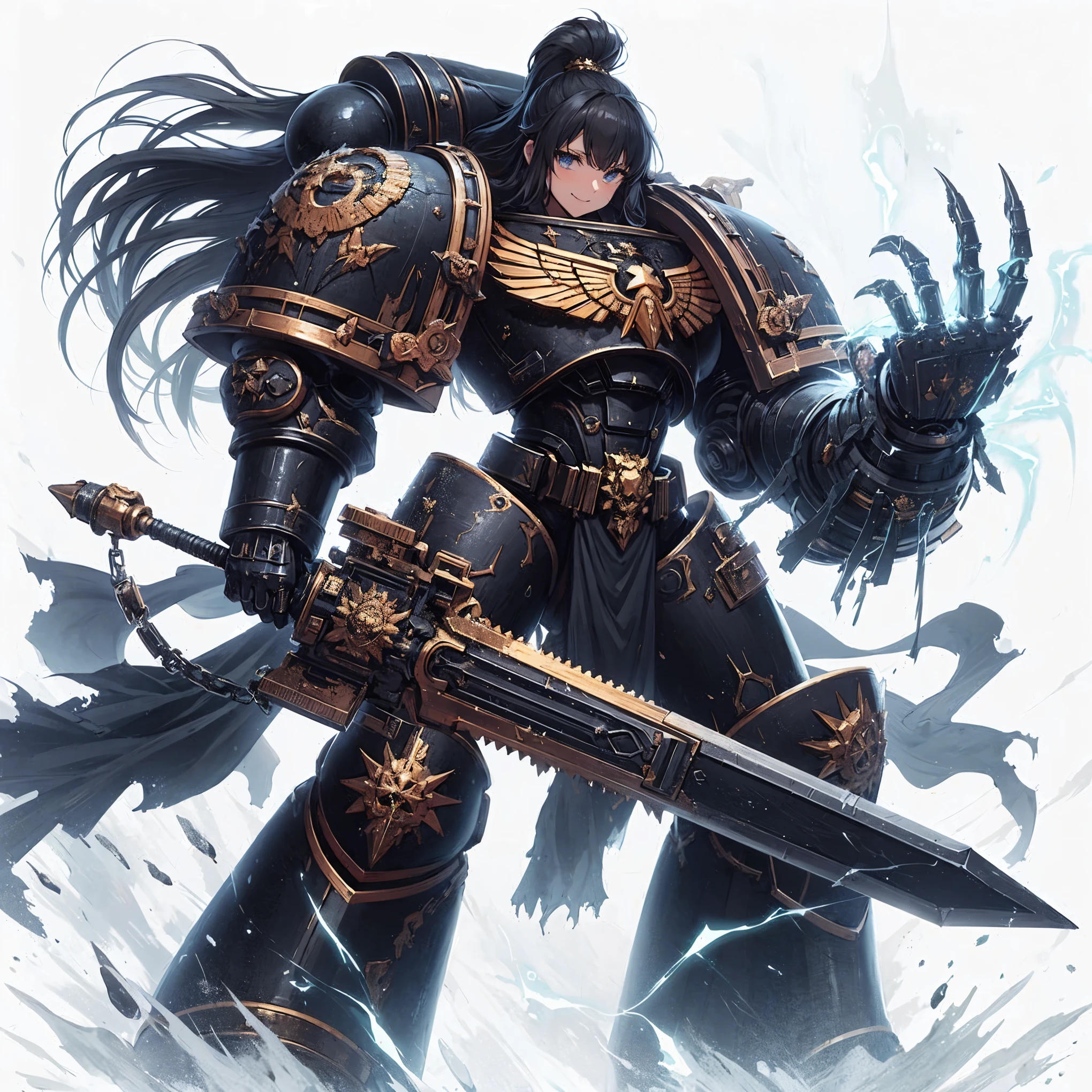 
Masterpiece, best quality, ultra-detailed, anime style, solo, full body of Chaos space marine girl, Heavy laminated power armor, blackened burnished armor with gold trim, black one top knot hairstyle, left hand held huge sword and right hand as GIANT HUGE claw, supernatural Lightning and flame, Warhammer 40K, ((Eight-pointed star symbol)), 8k high resolution, trending art station, white background, whole body, winning smile
