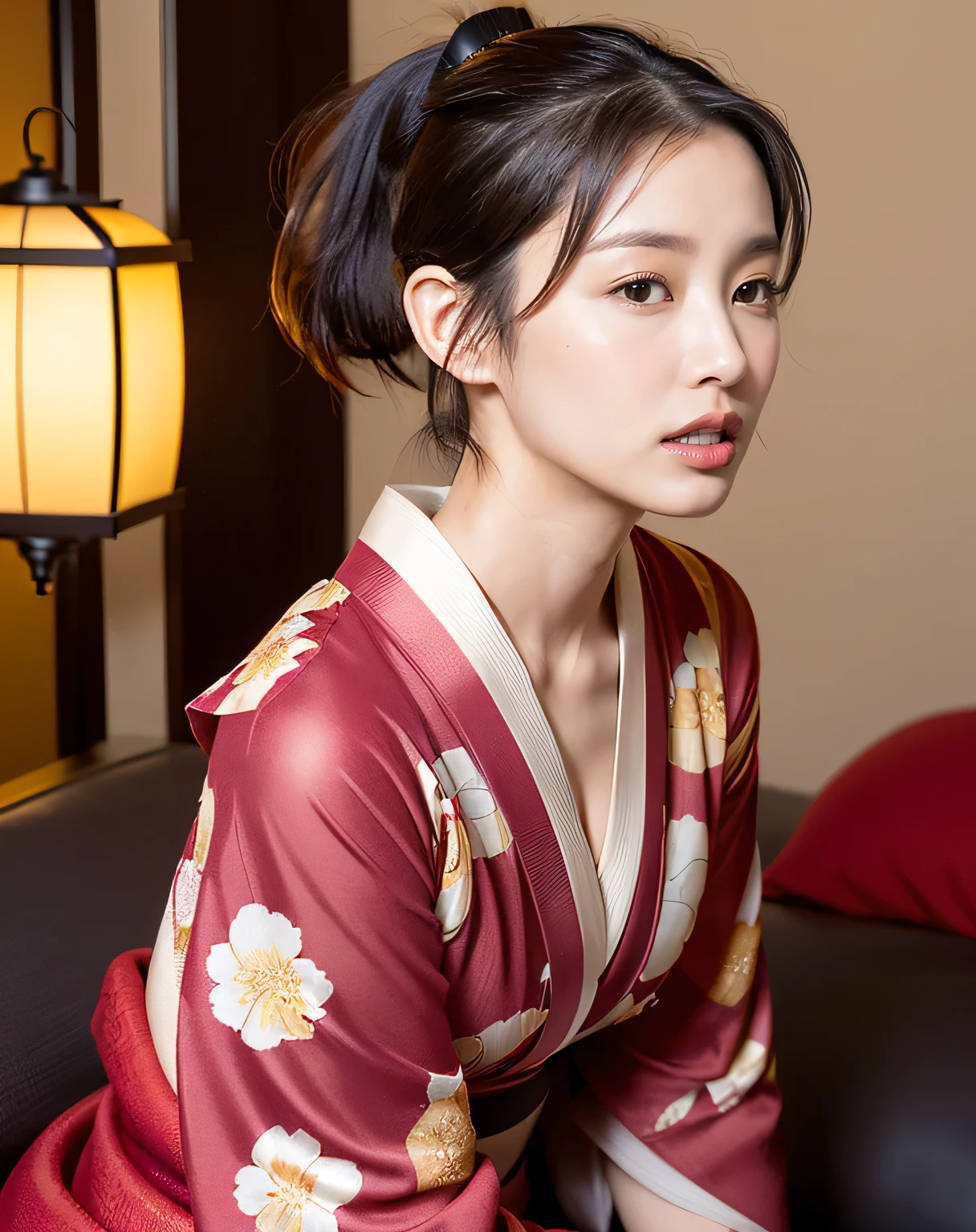 (Flower pattern kimono, Complex red, Webbing:1.4),
((highest quality, 8k, masterpiece: 1.3)), Perfect body beauty: 1.4, (Breast A cup:1.2), Small breasts, Round shaped breasts, Perfectly shaped breasts, Highly detailed face, Beautiful woman, (Dark brown shortcuts), Slim face, Highly detailed face and skin texture, Highly detailed lips, (Realistic:1.4),

((24-years-old, Sexy young wife:1.2)),

((Lay a red futon in a Japanese-style room, Sit on the futon with your legs stretched out, Start taking off clothes, No bra, Beautiful thighs:1.2)),((Sexy atmosphere, Gaze seducing a man, hold out your lips, A sigh escapes, Hair is messed up, Hold your crotch with your hands)),

((Dark room, Lantern:1.2)), 
((Squint your eyes)), 
((purse your lips:1.2)),
((Blushing:1.2)),
((Open your mouth a little to show your white teeth)), 
((Breast enlargement,Flat Chest:1.2)),

Narrow shoulders, Long, slender legs, Thin waist, 
Ultra-detailed skin, Glossy Skin, Ultra detailed face, Ultra detailed breasts, 
Ultra-detailed eyes, Slit eyes, Brown eyes, double eyelid, Beautiful thin eyebrows, Thin, long eyelashes, 
Ultra-detailed lips, Fuller lips, Glossy pink lips, Flushed Cheeks, White teeth, 
Beautiful actress&#39;s languid make-up, Pink lipstick, Smoky eyeshadow, Eye foundation, 
Dark brown hair, Delicate and soft hair, Hair blowing in the wind, 
(Elegantly putting your hair up, short hair, ponytail:1.5), Layered Cut, (Blunt bangs:1.2),
