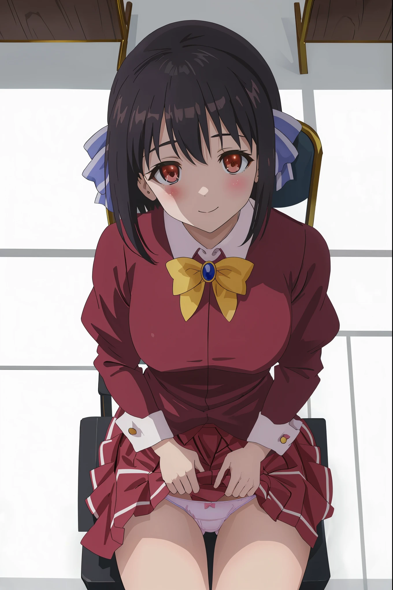 1girl in,Sitting,chair,classroom,From above,Looking at Viewer,Tomomi_Xijing, bow ribbon, Short hair, ,red uniform,Winter clothes,Long sleeves,skirt,((tucking up a skirt)),(Skirt lift),(up skirt),((Panties)),Perfect Lighting,Best Quality,,Smile,blush,anime screen cap,Flat color,cel shading,short torso,Show off panties,pantyshot,