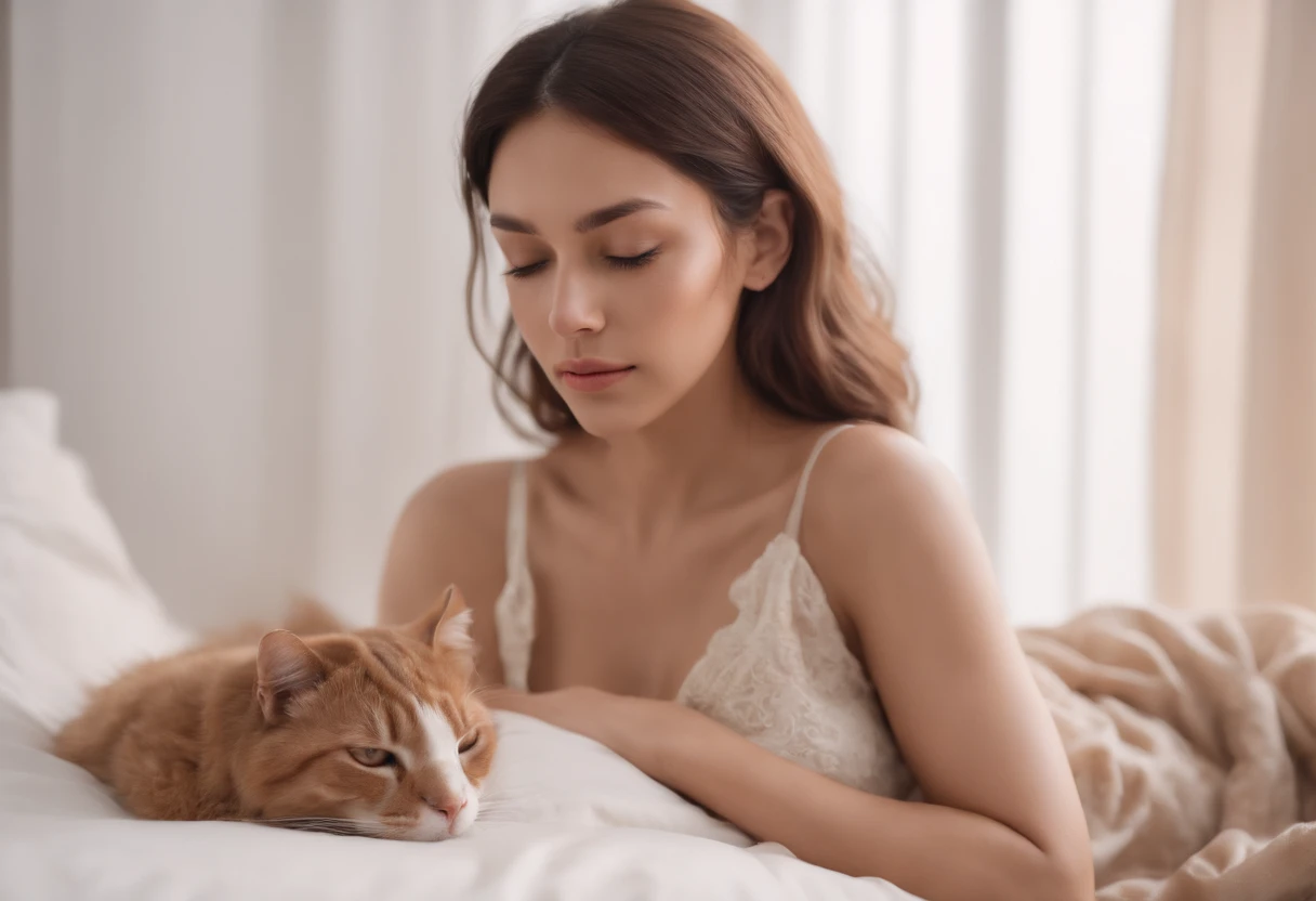 a brown tan woman dressed in a deep V-neck cami top, sleeping on bed holding a cat on her stomach, 80s style, half-body shot, high-quality photo