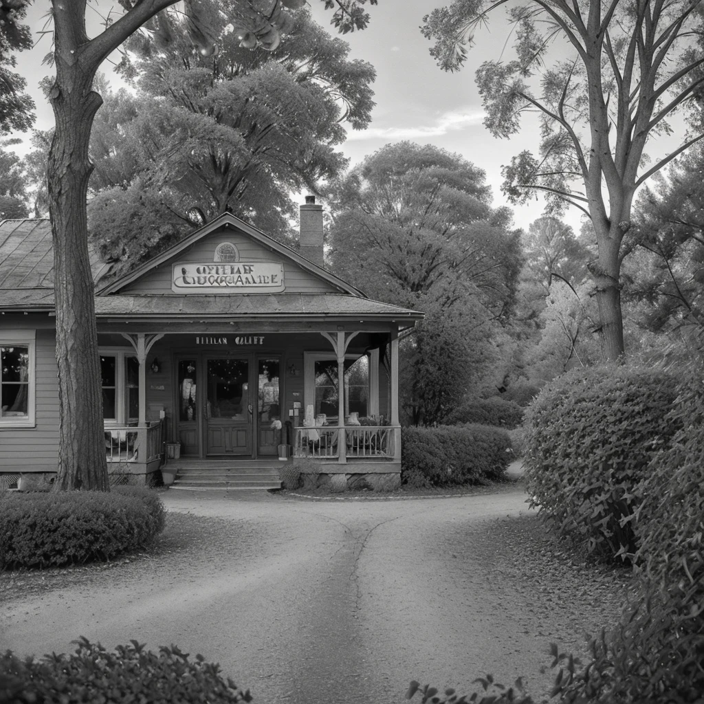 (Best quality, Ultra-detailed: 1.1), Vintage grayscale photo surrounded by the aroma of freshly baked pastries. The scene is filled with classic cars passing by, adding to the nostalgic charm of the moment. Decorative oak trees line the street, shedding their golden leaves in the autumn breeze, creating a romantic and picturesque atmosphere. (cinematic, intricate details, shallow depth of field, muted colors, vintage filter, vintage film grain, soft natural lighting, golden hour, vintage dress, scarf, mittens, Pure landscape photos do not contain people