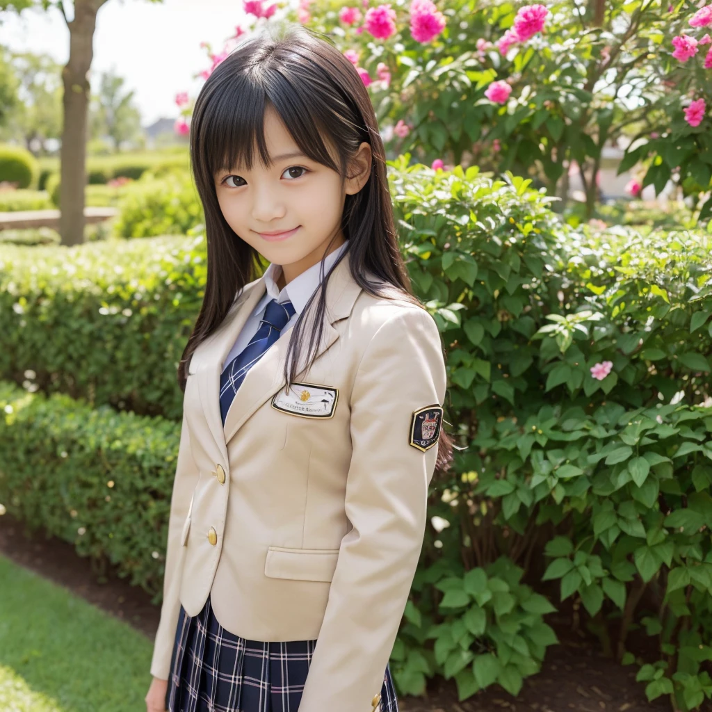 ((8K)),((Japanese)),(16 years old:1.6),(innocent face:1.5),(highly detailed face),girl,cute,uniform,blazer,Chak-patterned skirt,garden,black hair,baby face、smile