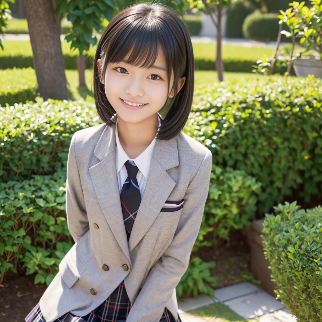 ((8K)),((Japanese)),(16 years old:1.6),(innocent face:1.5),(highly detailed face),girl,cute,uniform,blazer,Chak-patterned skirt,garden,black hair,baby face、smile
