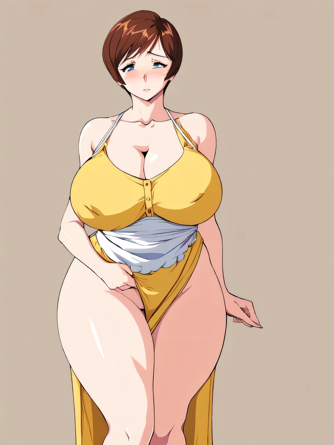 masterpiece, highest quality, High resolution, 1girl, 1boy, The man is obese and has a shaved head., ((((Sexual intercourse, porn image, hard porn, hentai image)))), short hair, etsukoto, Detailed eyes, Detailed eyes, (((thick thighs, plamp thighs, voluptuous thighs, ample thighs))), Big and ample breasts, cleavage, Huge long breasts, Naughty big,((Big breasts are important))、((Naughty thighs)), L Cup, (thin:1.4),(Thin waist:1.4),  (Perfect beautiful yellow dress:1.4), ((White waist apron)), Embarrassed look, look away, (((simple background))), white panty, ((wide hips)), Shiny oily skin, Mature mother, Calf, Seductive mature woman, Perfect body, ((flesy)), Plus Size Model, etsukoto, blush, clavicle, retro artstyle, 1990s (style), naked, nsfw,