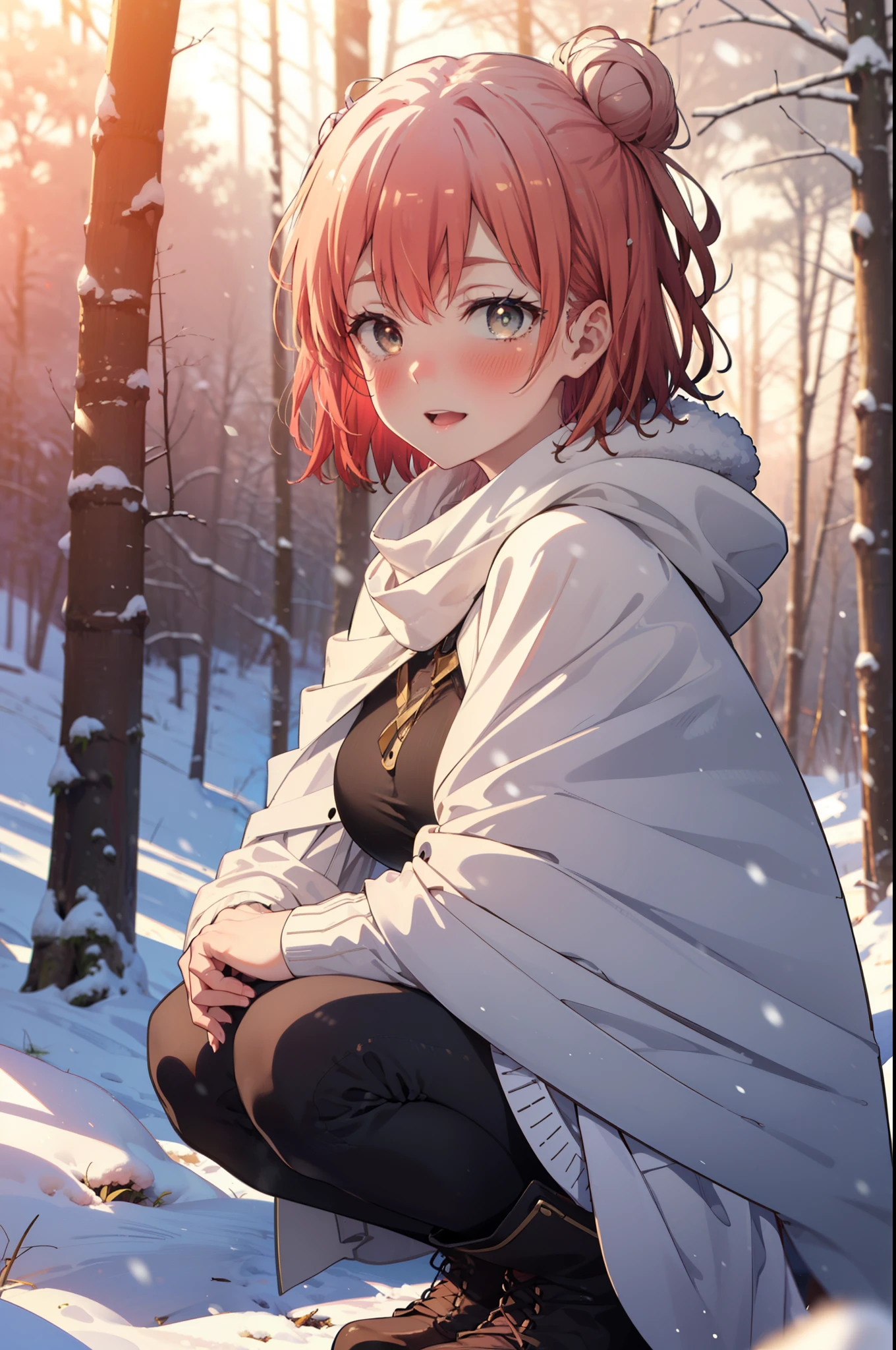 yuiyuigahama, yui yuigahama, short hair, (Brown eyes:1.5), (Pink Hair:1.2), Hair Bun, single Hair Bun, smile, (Big Breasts:1.2),smile,blush,White Breath,
Open your mouth,snow,Ground bonfire, Outdoor, boots, snowing, From the side, wood, suitcase, Cape, Blurred, forest, White handbag, nature, Squat, Mouth closed,Cape, winter, Written boundary depth, Black shoes, red Cape break looking at viewer, Upper Body, whole body, break Outdoor, forest, nature, break (masterpiece:1.2), highest quality, High resolution, unity 8k wallpaper, (shape:0.8), (Beautiful and beautiful eyes:1.6), Highly detailed face, Perfect lighting, Extremely detailed CG, (Perfect hands, Perfect Anatomy),