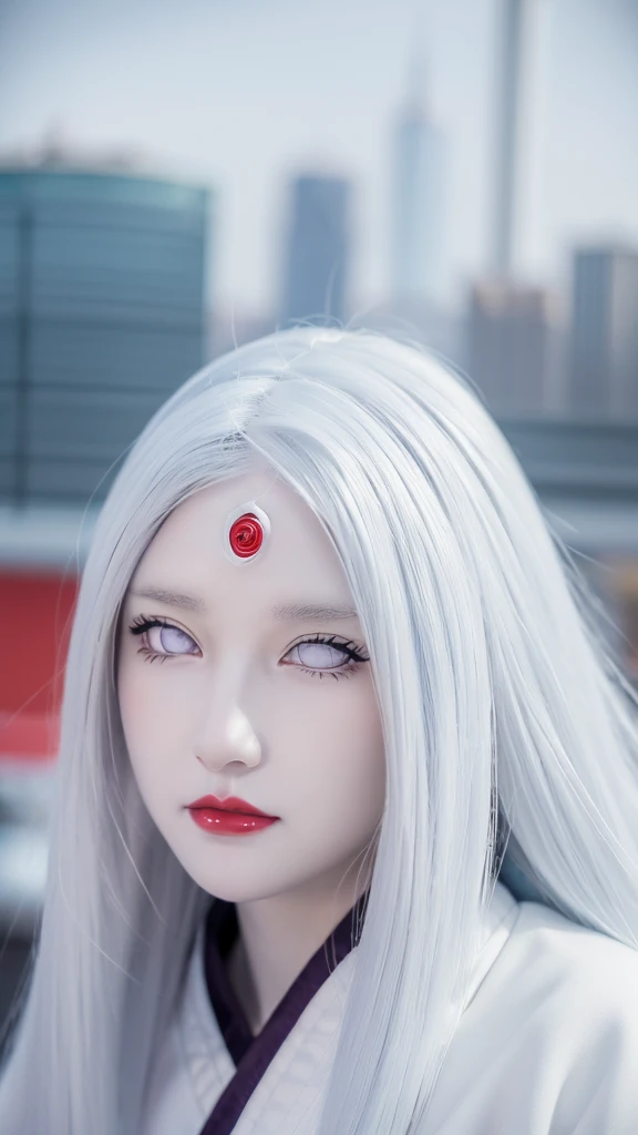 a close up of a person with long hair and a hoodie, otsutsuki kaguya, kaguya from anime naruto, as an anime character, perfect anime face, she has white hair with bangs, female anime character, anime character, anime best girl, hime cut hairstyle, white hair, (red glossy lips:1.3), white eyes, smile, city background, (beautiful face:1.3)