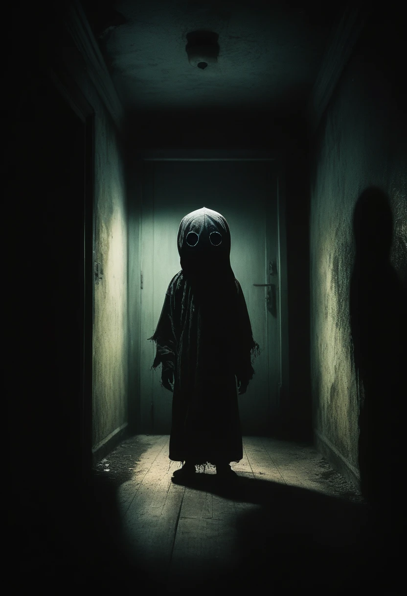 Creepy fantasy. night room, dark room, completely darkened room, grainy, eerie environment. creepypasta - (creepy dark scary creature) with big eyes and a scary smile. a creepy look from the shadows.