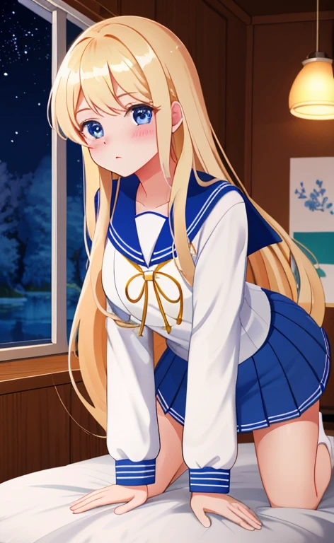 Beautiful long blonde hair　Embarrassing　blue eyes 　Tears overflow from my eyes　diaper　A girl wearing a long-sleeved sailor suit　　Pleated skirt　　School corridor at night　Get on all fours