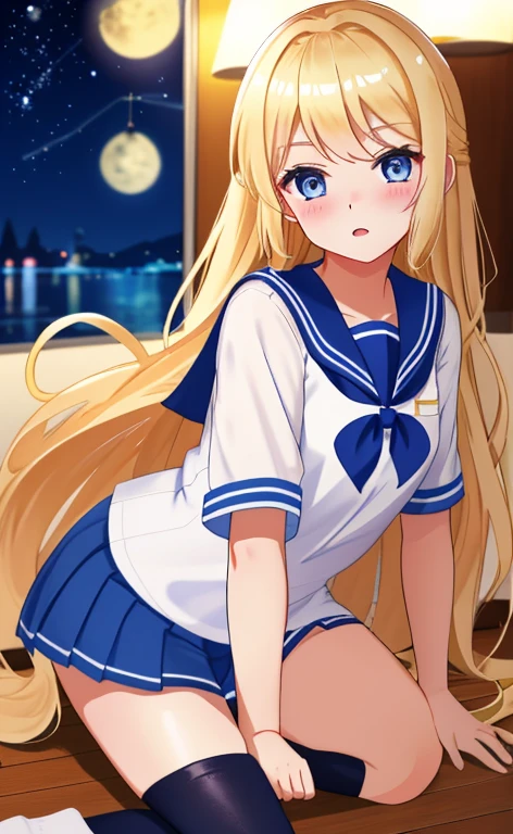 Beautiful long blonde hair　Embarrassing　blue eyes 　Tears overflow from my eyes　diaper　A girl wearing a long-sleeved sailor suit　　Pleated skirt　　School corridor at night　Get on all fours