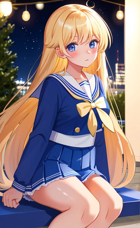 Beautiful long blonde hair　Embarrassing　blue eyes 　Tears overflow from my eyes　diaper　A girl wearing a long-sleeved sailor suit　　Pleated skirt　　School corridor at night　Get on all fours