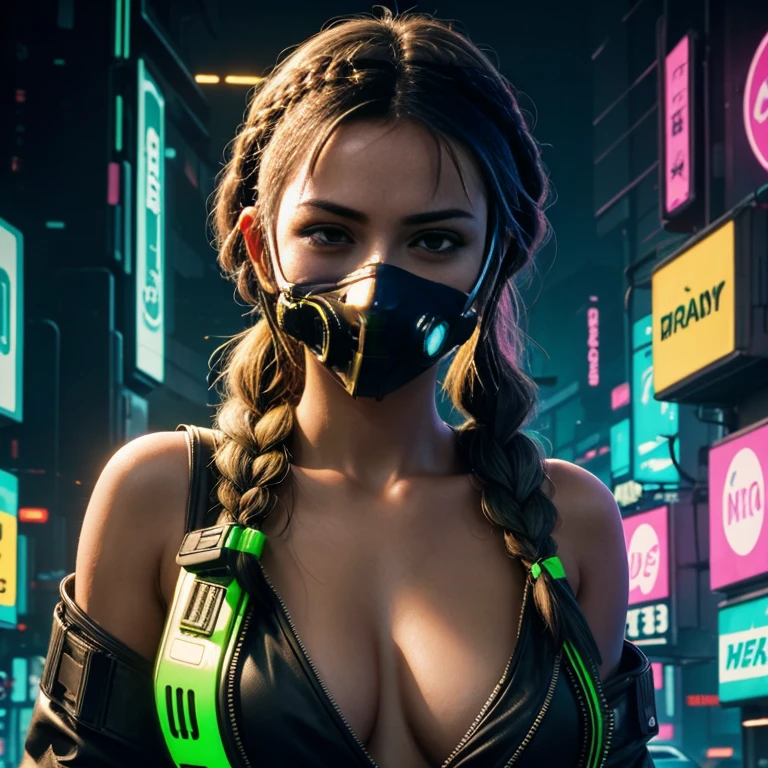 1girl, solo, mask,looking at viewer, gren hair, braid hair , upper body, mouth mask, holding, brown eyes,nude, medium breasts, green background, halftone, cable,neon lights,(cyberpunk:1.2), 