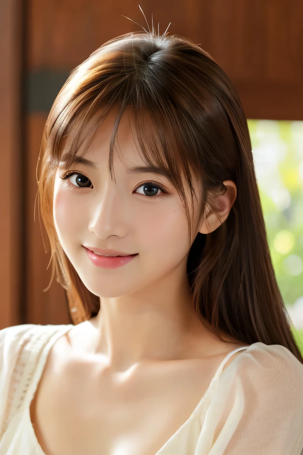 (((8ｋ,Attention to detail,Attention to detail、highest quality，masterpiece,Attention to detail,))),RAW Photos & Realistic atmosphere,Beautiful dark eyes,Mouth Details,Glossy Lips,Thin eyebrows,beautiful Eyes、Soft white skin that shines in every detail、Her deep black eyes are very beautiful, Very beautiful face,Very beautiful face、A vivid face,beautiful, Glowing Lips,beautiful Eyebrows,Infinite Reality, Realistic Young Gravure Idol,Very cute woman , Young Gravure Idol, Young Gravure Idol, とても美しくてかわいいbeautiful 21 year old beauty,Incredibly beautiful and elegant，beautiful 21 year old beauty,Natural soft light,A little brown hair，（Shiny Hair,,beautiful and kind eyes：1.5）,A kind smile,Shapely breasts,Medium Long Hair,beautiful posture,No makeup,Watching the Future,