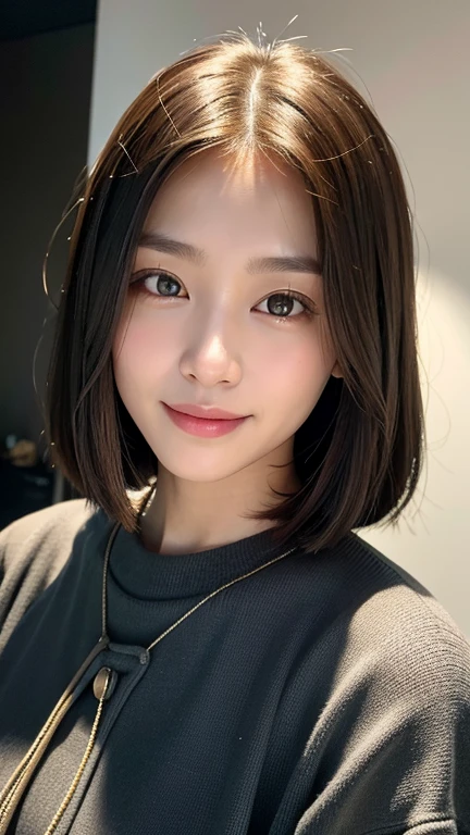 (((Close-up of face)))、(((Absolutely shoulder-length brown straight short bob)))、(((She is posing like a hair salon model, with a black wall indoors as the background.)))、(((Casual black winter long sleeves with shoulders covered)))、Half Japanese, half Korean、18 year old girl、Standing Alone、Looking forward、Light eye makeup、Brown Hair Color、Flat and 、Hair blowing in the wind、Actress Quality、Glossy, ultra-realistic face、Smiling face、Watery eyes、Gazing Up、Subtle lighting effects、 Ultra-Realistic Capture、Very detailed、High resolution 16K close up of human skin。Skin texture must be natural、The details must be such that pores can be clearly seen、The skin is healthy、Uniform tone、Use natural light and colors、A worn-out, high-quality photo taken by a model agency's in-house photographer.、smile、(((SIGMA 300 mm F/1.4,1/1000 sec shutter,ISO 400)))