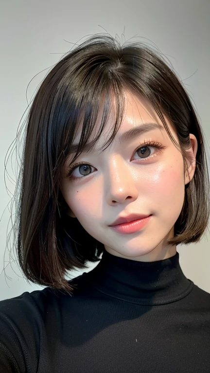 (((Close-up of face)))、(((Absolutely shoulder-length brown straight short bob)))、(((She is posing like a hair salon model, with a black wall indoors as the background.)))、(((Casual black winter long sleeves with shoulders covered)))、Half Japanese, half Korean、18 year old girl、Standing Alone、Looking forward、Light eye makeup、Brown Hair Color、Flat and 、Hair blowing in the wind、Actress Quality、Glossy, ultra-realistic face、Smiling face、Watery eyes、Gazing Up、Subtle lighting effects、 Ultra-Realistic Capture、Very detailed、High resolution 16K close up of human skin。Skin texture must be natural、The details must be such that pores can be clearly seen、The skin is healthy、Uniform tone、Use natural light and colors、A worn-out, high-quality photo taken by a model agency&#39;s in-house photographer.、smile、(((SIGMA 300 mm F/1.4,1/1000 sec shutter,ISO 400))) 