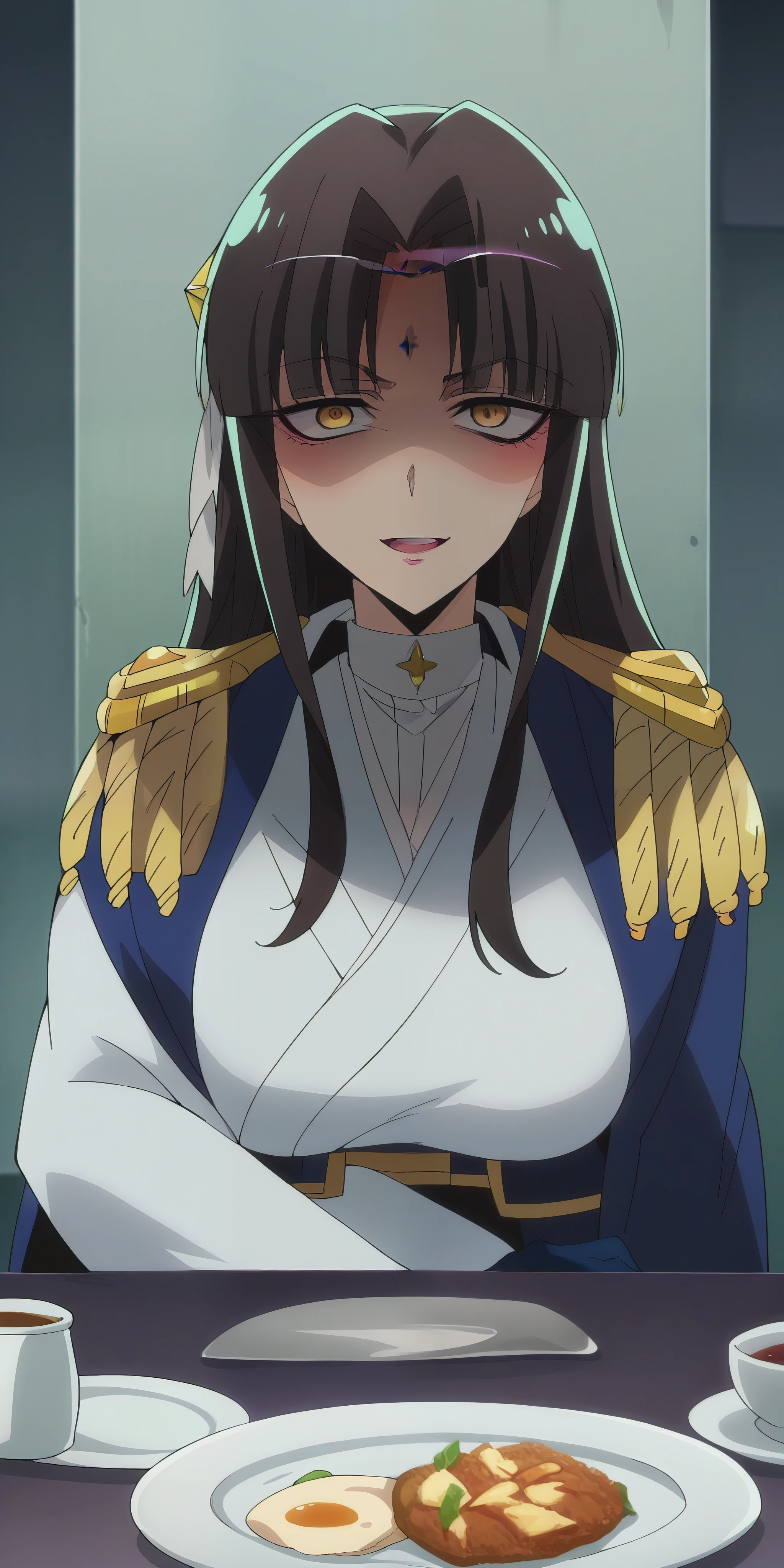 score_9, score_8_up, score_7_up, source_anime, michikotanaka, michiko tanaka, long hair, black hair, yellow eyes, facial mark, forehead mark, michiko_tanaka_mahoushoujoniakogarete, anime_style, (long hair, black hair:1.3), forehead, forehead mark, hair ornament, muscular female, anatomically correct, mature female, curvy, heavy breathing, 1girl, sunglasses, jacket, open jacket, food, eyewear_on_head, breasts, looking_at_viewer, smile, solo, gloves, jacket, plate, large_breasts, anime coloring, anime screencap, hair ornament, (shaded face:1.2), yellow eyes, drunk, blush, forehead mark, makeup, open mouth, upper teeth,