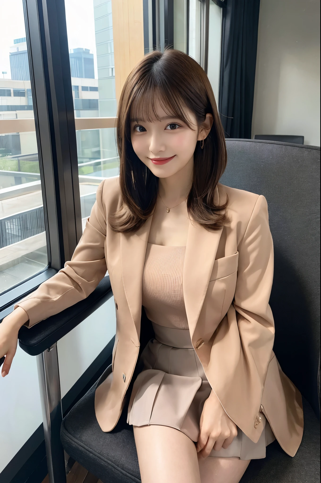 Very short hair、noon、window、Office chair、Meeting room background、Jacket、Light brown hair、Peach-colored suit、Transparent inner、Short skirt、beauty secretary、（Very large breasts、Very thin and long legs、Perfect figure、High heels、whole body、Big smile）、1 female、No makeup、17 years old、（masterpiece、8K,RAW Photos、High resolution:1.4）
