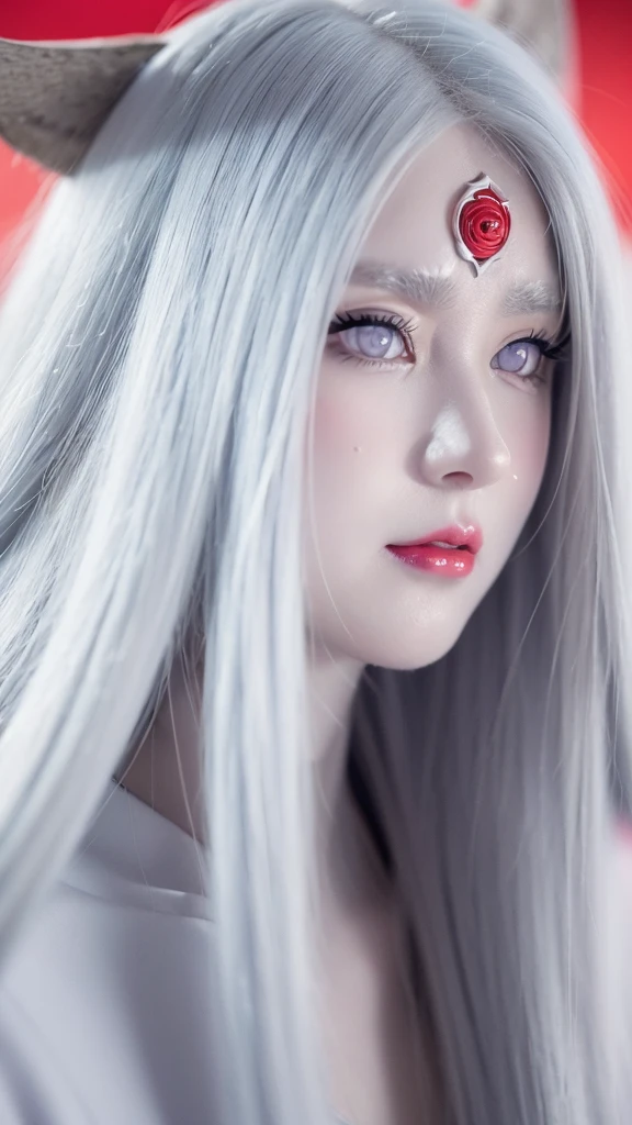 a wide close up of a person with long hair and a hoodie, otsutsuki kaguya, kaguya from anime naruto, as an anime character, perfect anime face, she has white hair with bangs, female anime character, anime character, anime best girl, hime cut hairstyle, white hair, (red glossy lips:1.3), white eyes, smile, city background, (beautiful face:1.3)