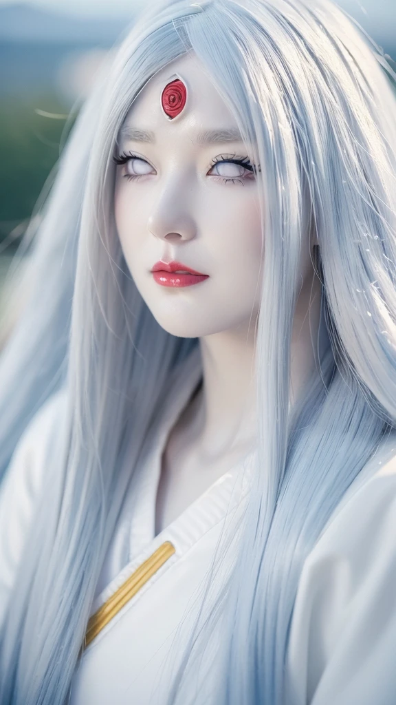 a wide close up of a person with long hair and a hoodie, otsutsuki kaguya, kaguya from anime naruto, as an anime character, perfect anime face, she has white hair with bangs, female anime character, anime character, anime best girl, hime cut hairstyle, white hair, (red glossy lips:1.3), white eyes, smile, city background, (beautiful face:1.3)