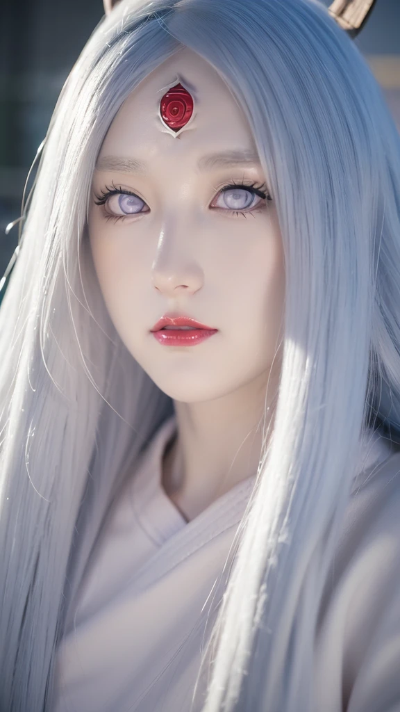 a wide close up of a person with long hair and a hoodie, otsutsuki kaguya, kaguya from anime naruto, as an anime character, perfect anime face, she has white hair with bangs, female anime character, anime character, anime best girl, hime cut hairstyle, white hair, (red glossy lips:1.3), white eyes, smile, city background, (beautiful face:1.3)