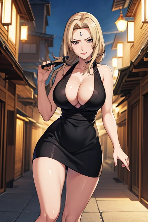 light effect, soft, super clear, high-definition picture, (front), masterpiece, cinematic lighting, Tsunade hokage, 1girl, solo, looking at viewer, smile, large breast, open shoulder, cleavage, short skirt, black dress