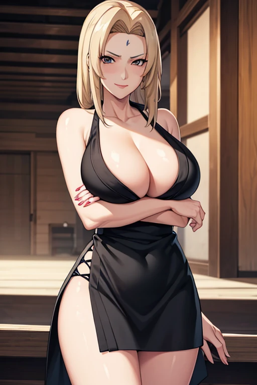 light effect, soft, super clear, high-definition picture, (front), masterpiece, cinematic lighting, Tsunade hokage, 1girl, solo, looking at viewer, smile, large breast, open shoulder, cleavage, short skirt, black dress